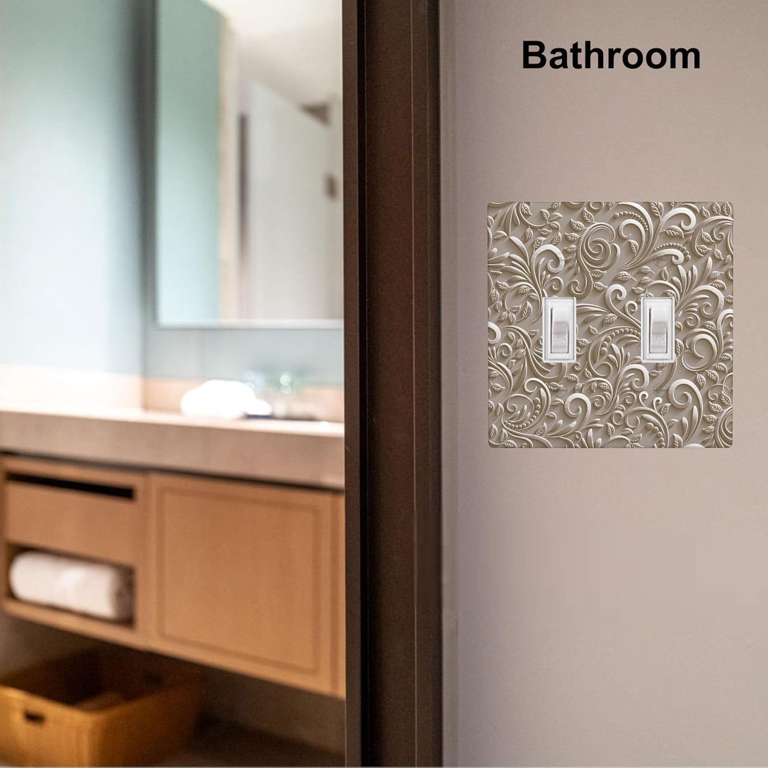 Brown French Scroll Pattern Double Toggle Light Switch Plate Leaf Swirl Pattern 2-Gang Wall Plate Device Mount Plug Cover Home Decor Bedroom Bathroom Kitchen