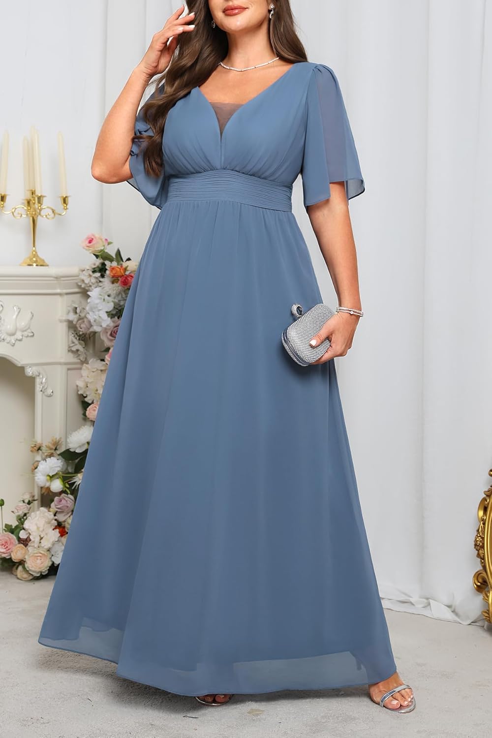 Plus Size Formal Dresses - V Neck Flutter Sleeves Evening Gowns Bridesmaid Wedding Guest Chiffon Long Maxi Dress - Image 3