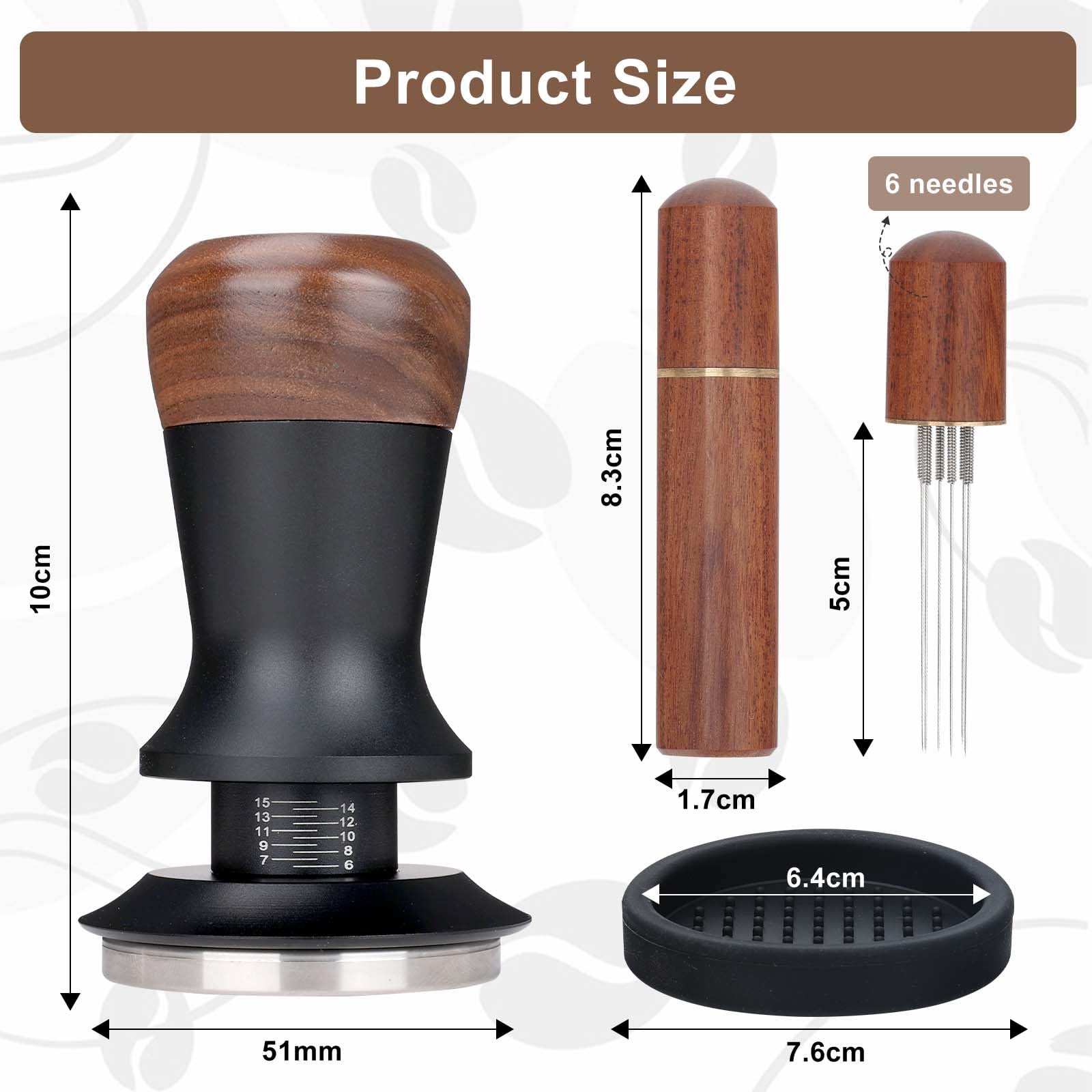 Zestaw Espresso 51 mm 3 w 1, tamper 51 mm z drewnianym uchwytem | Kompletny zestaw: Tamper 51mm, WDT, silikonowa mata do domowej kawy