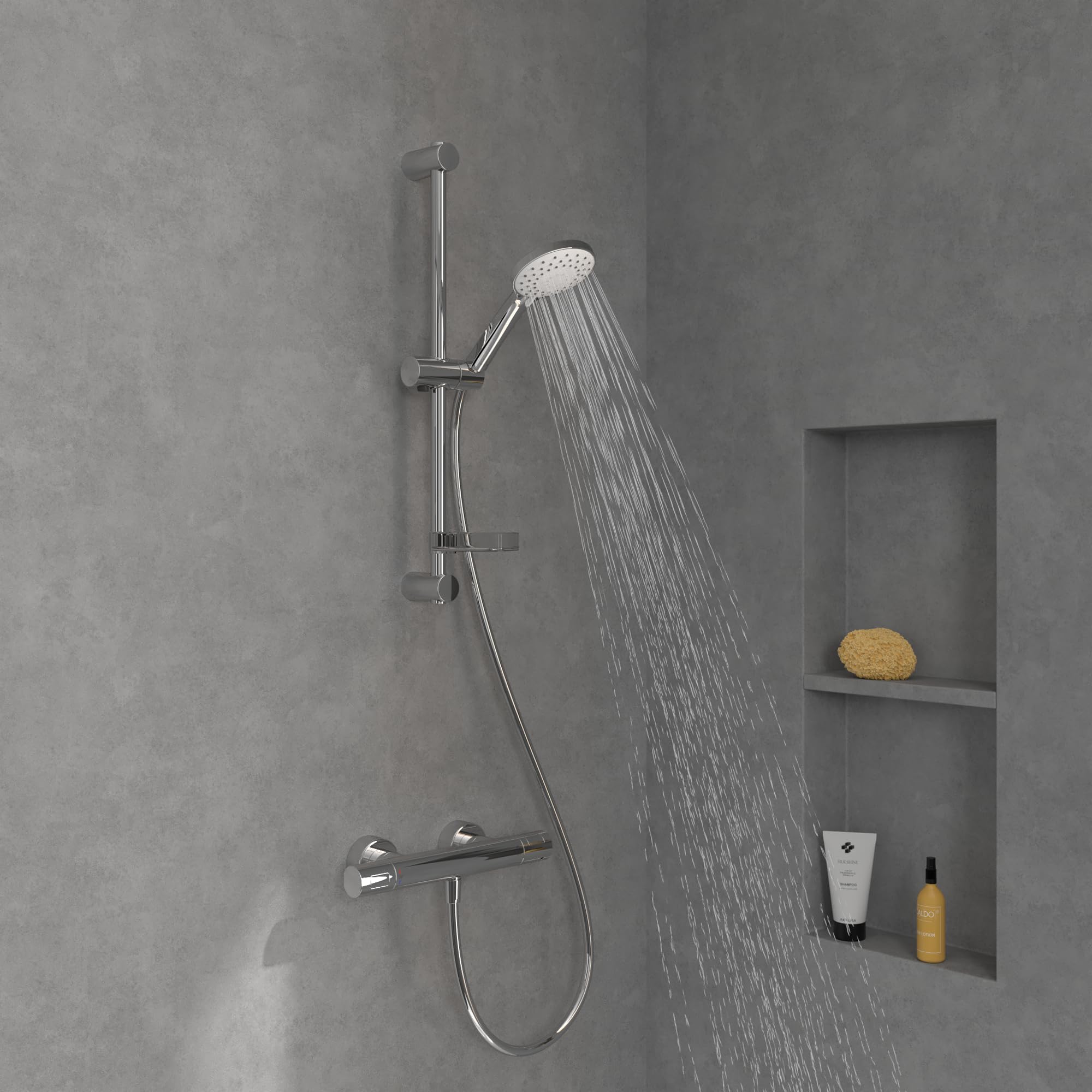 Villeroy & Boch Uniwersalny zestaw prysznicowy Showers, zestaw prysznicowy z regulowanym uchwytem na słuchawkę prysznicową i słuchawką prysznicową z 3 rodzajami strumienia, system prysznicowy z