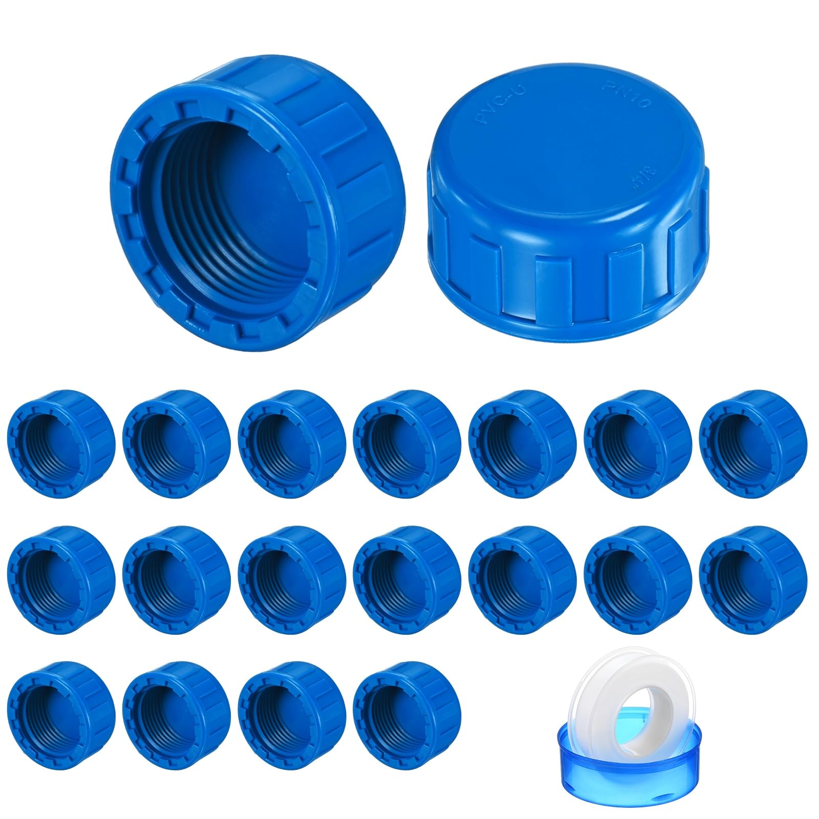 M METERXITY 20-Pack 3/4 Inch PVC Pipe End Cap Plug Adapter, Female Thread Water End Cap Connector with Sealing Tape for Yard/Watering Irrigation Systems, Inner Teeth End Pipe Plugs [Blue]