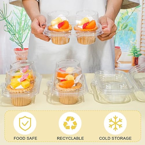 Miniatura 4 de Roshtia 100 cajas para cupcakes de 2 cavidades, 300 piezas de mini tazas para hornear de 6.9 x 3.9 x 3.5 pulgadas, transparente, apilable, soporte