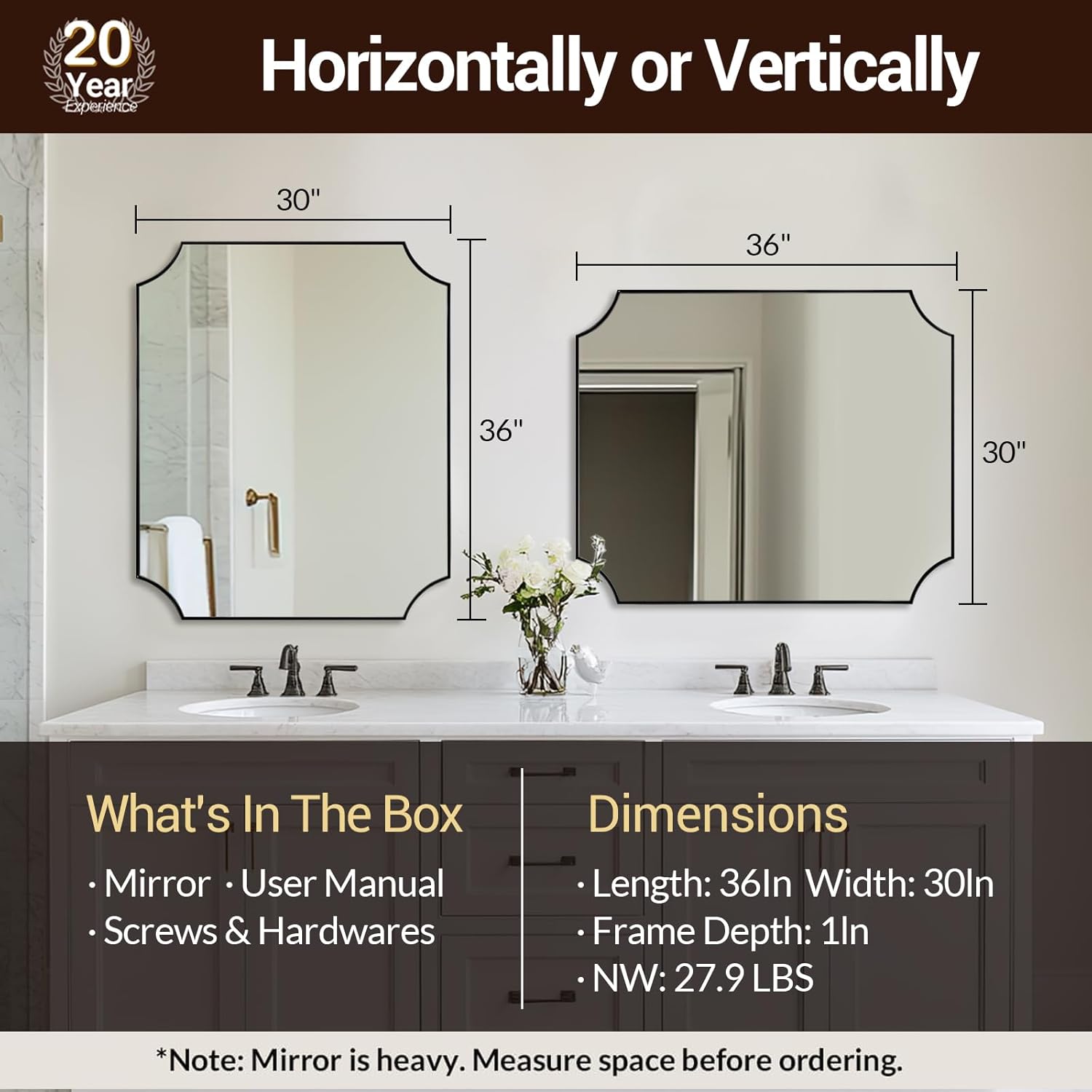 ANDY STAR 30"x36" Bathroom Vanity Mirror, Matte Black Framed Bathroom Mirror, Scalloped Mirror in Premium Stainless Steel Frame, Aesthetic Scalloped Corner Design, Hangs Vertically or Horizontally
