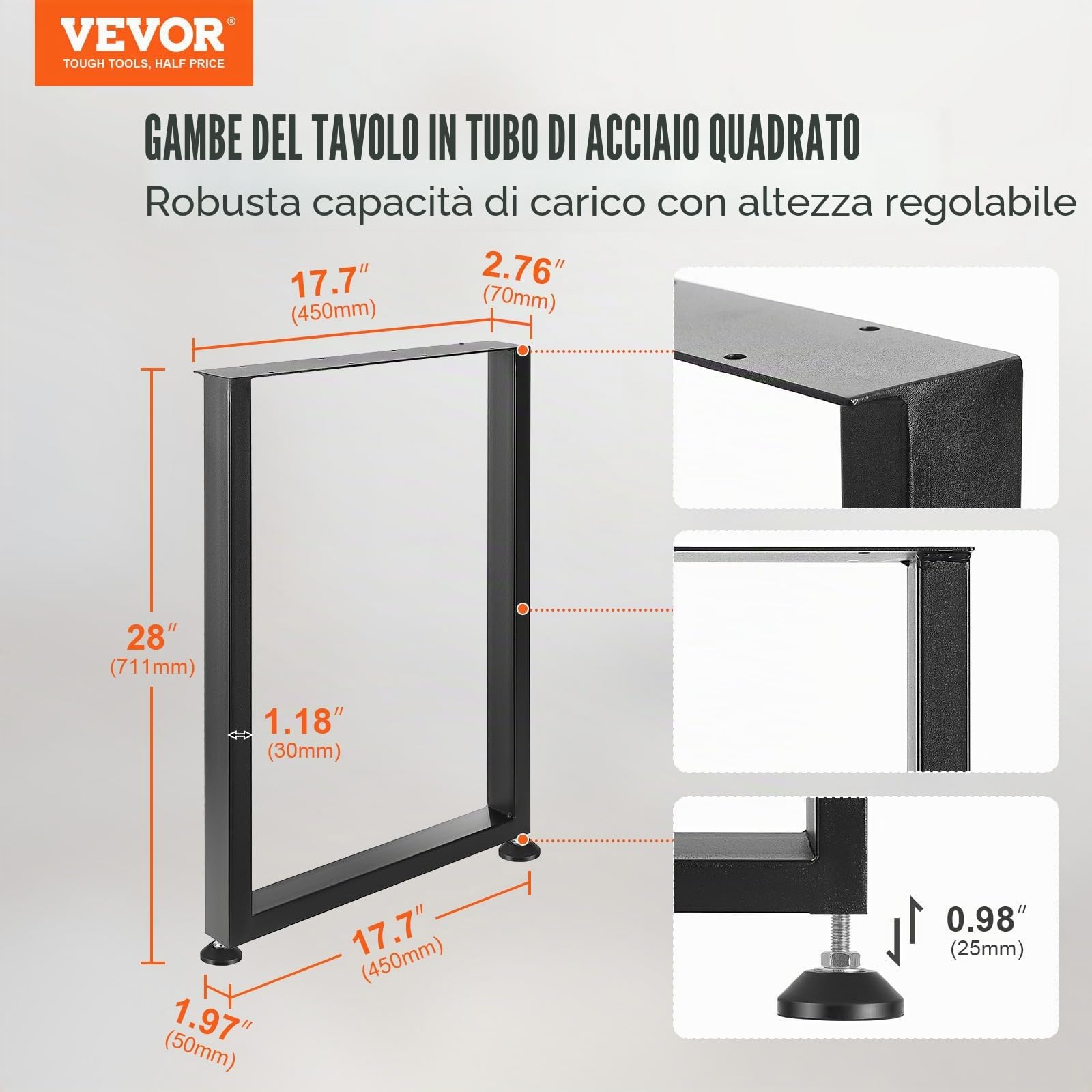 VEVOR Gambe per Tavolo Quadrate da 2 Pezzi con Piastra di Montaggio, Kit di Gambe per Scrivania Lunghezza 71 cm in Acciaio Capacità Carico max. 454 kg, Gambe per Mobili per Tavolo da Casa Ufficio