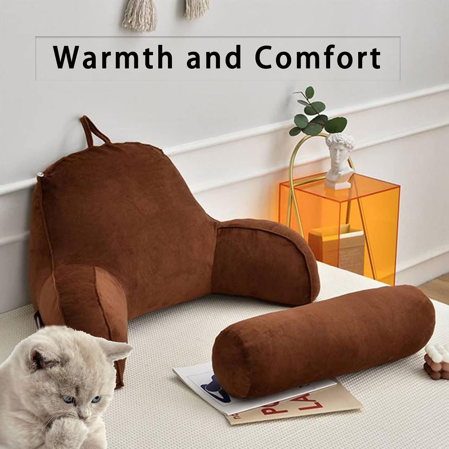 Reading Pillow/Backrest Lounge Cushion, Large Adult Backrest Lounge Cushion, Detachable Neck Roll, Back Support with Arm Rests, for Sitting Up in Bed Relaxing 75 x 40 x 40 cm
