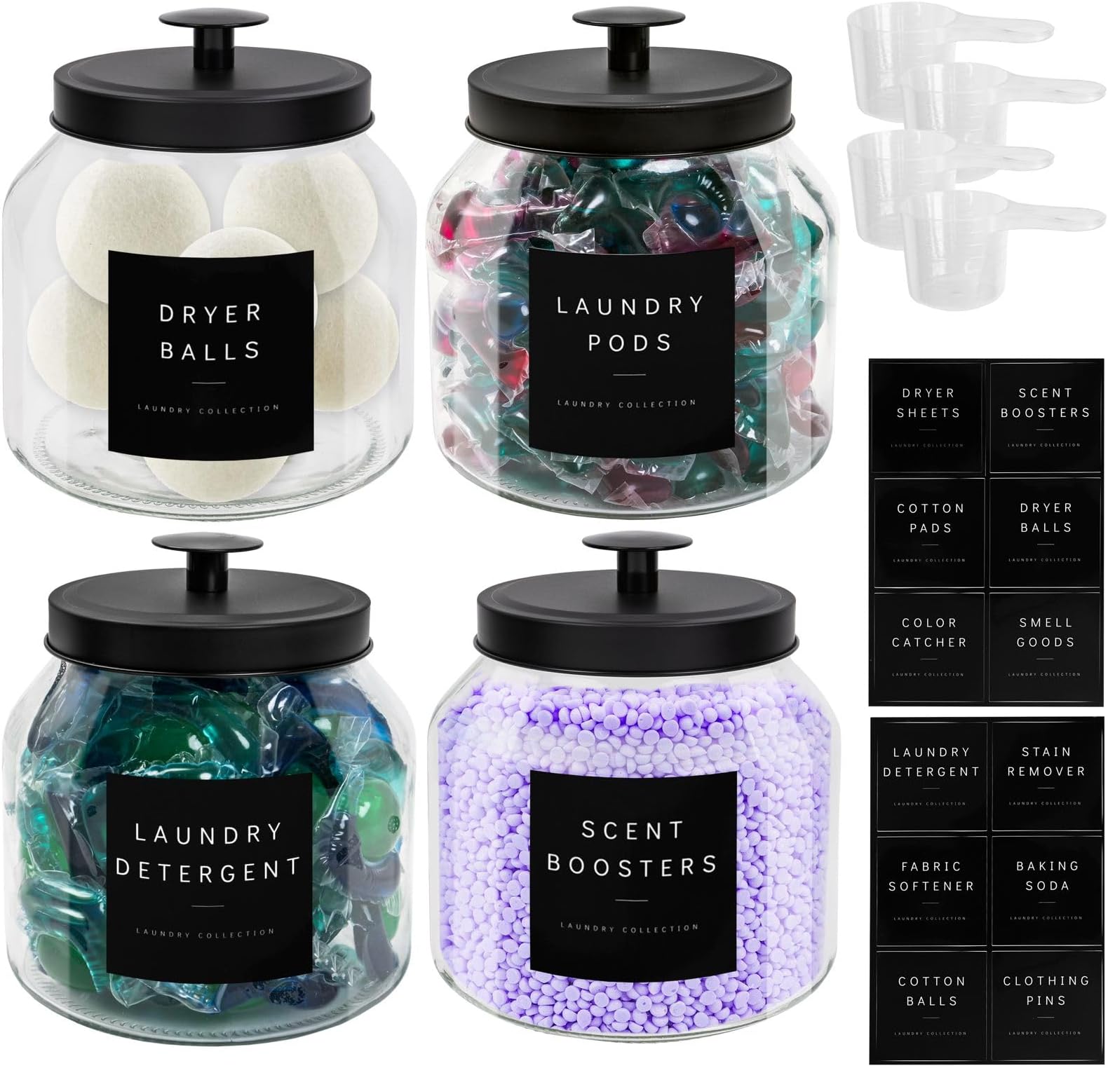 LUXENEST4 Pack Laundry Room Organization and Storage Containers With Labels, Half Gallon Glass Laundry Organizer Jar Holder For Laundry Pods, Scent Booster, Detergent, Includes 4 Scoops