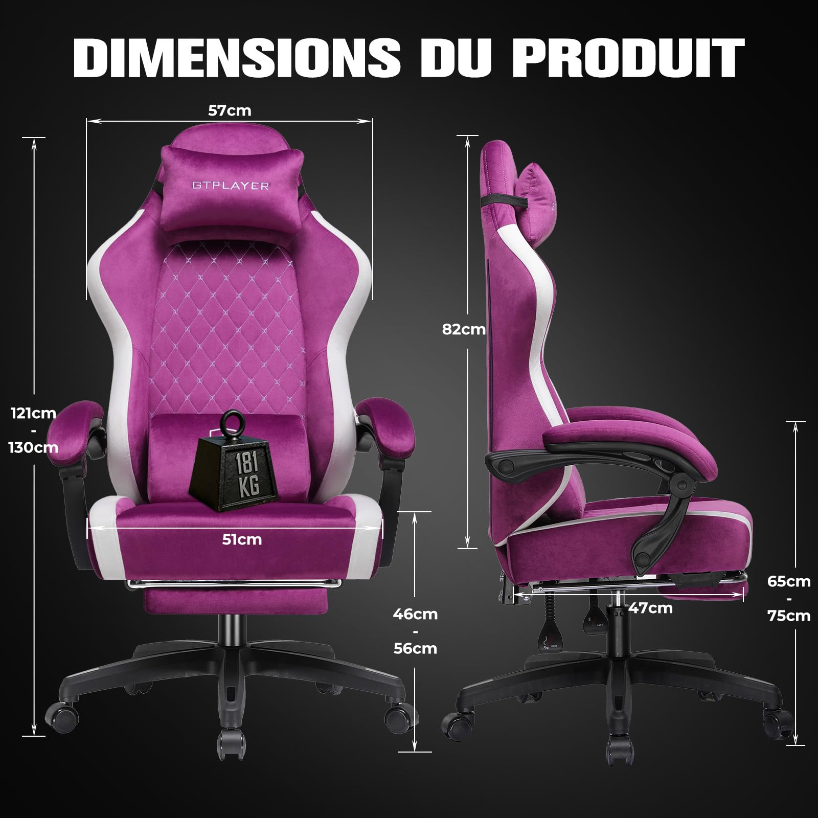 GTPLAYER Chaise Gaming Ergonomique, Chaise de Bureau en Tissu Respirant, Grande et Haute, pivotante, avec Repose-Pieds, Soutien Lombaire réglable et appuie-tête, Violet