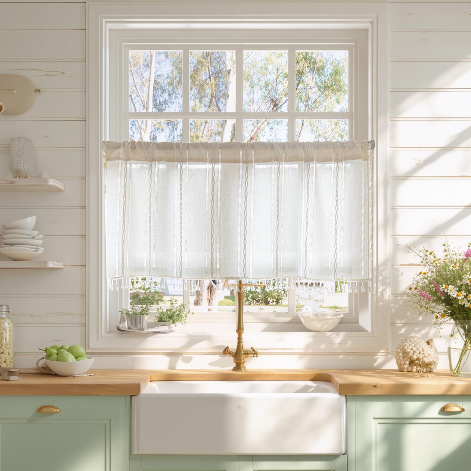 Sutuo Home Ivory Boho Curtain 52W x 18L inch White Striped Light Filtering Short Valance, 1 Panel Embroidery Bohemian Farmhouse Country Kitchen Window Treatment Decor for Small Closet — image 1