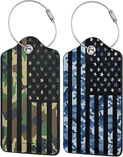 2 Pack American Flag Luggage Tags for Suitcases, Cool Leather Luggage Tag for Travel, Bag Tag Privacy Name ID Card Bag Labels Camouflage 4th of July Decorations Camo US Flag Patriotic Decor