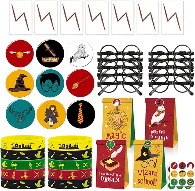 Wizard Harry Party Supplies Favors Gifts Wizard Party Bag Fillers Include 10pcs Button Pins, 10pcs Glasses,10pcs Silicone Wristbands,10pcs Lightning Tattoos, 12pcs Gift Bags with Stickers