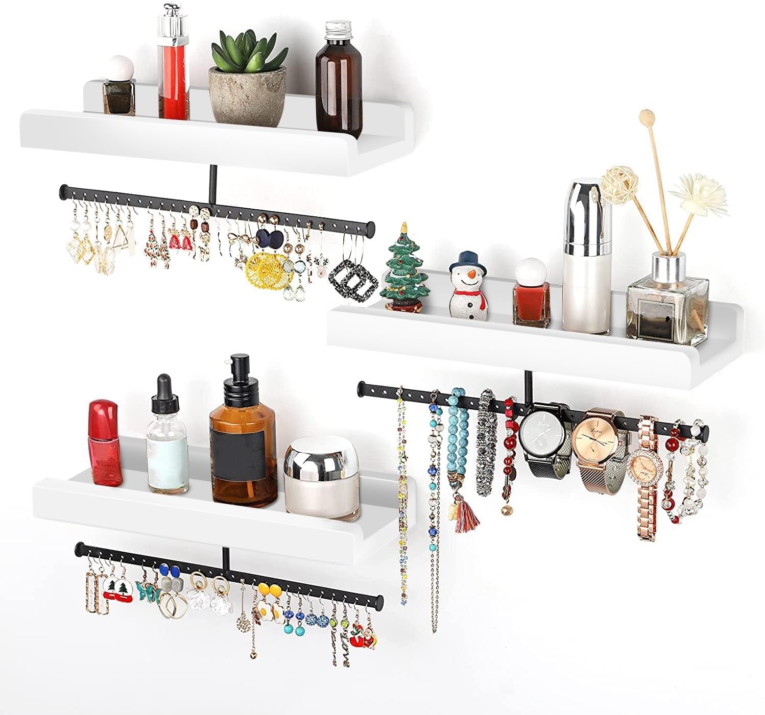 Porte Bijoux Murale, Rangement Bijoux et Etagere Murale Bois 2 en 1, Presentoir Bijoux Mural de Rangementen Maximal 20Kg, Arbre a Bijoux pour Collier, Anneau, des Boucles d'oreilles Montre