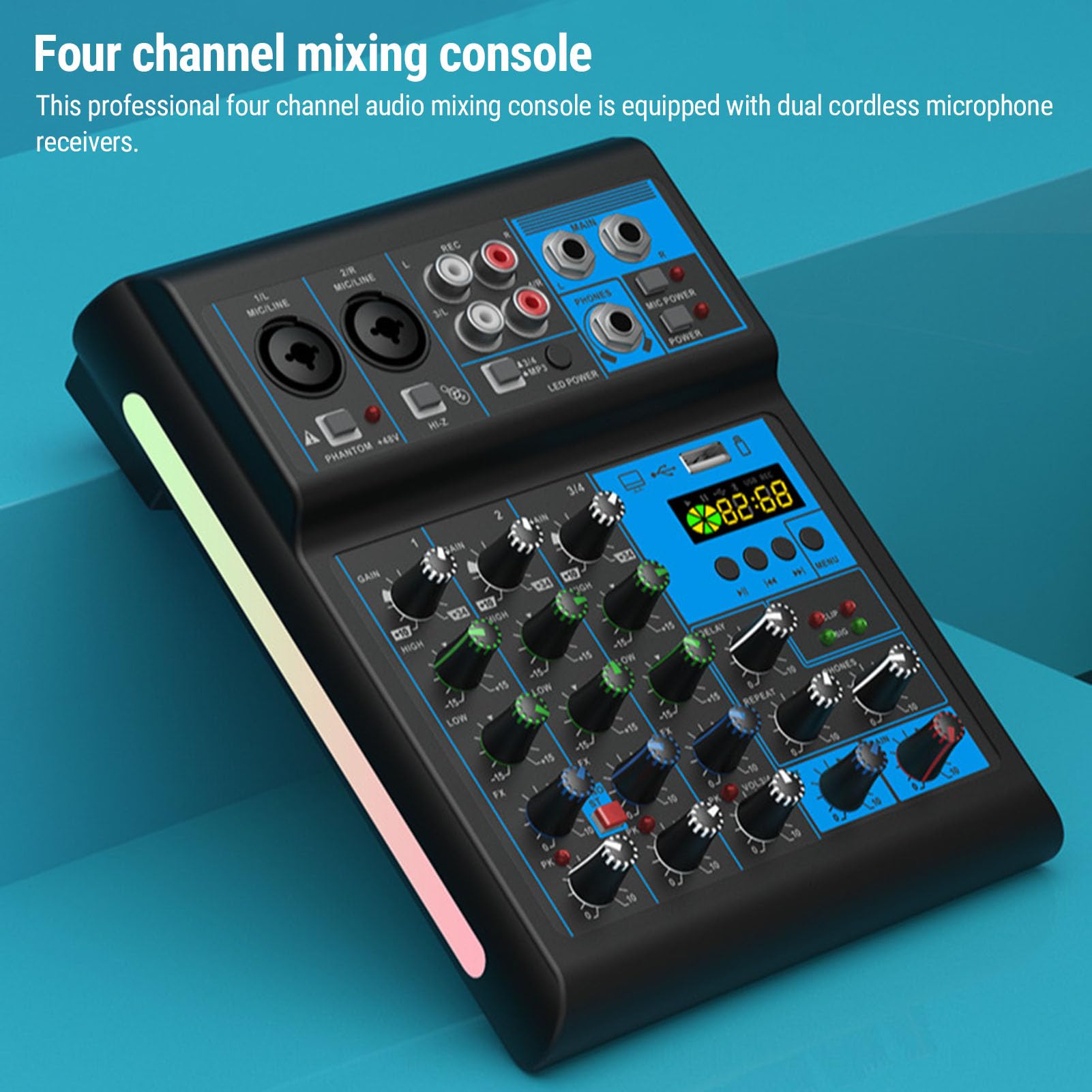 Goshyda Mixer Audio a 4 Canali con Due Microfoni Cordless, Console di Missaggio Audio per Karaoke, Streaming Live, Podcast e registrazione.