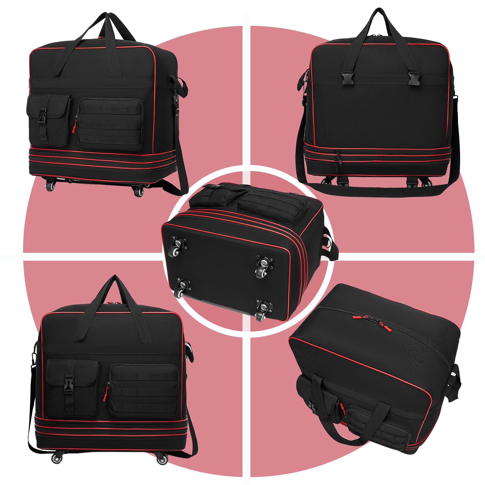 seyfocnia Borsa da viaggio tattica pieghevole, grandi valigie con ruote, borsone da viaggio con ruote e maniglia, borsa pieghevole espandibile per bagagli pieghevole, Nero , M, Classico