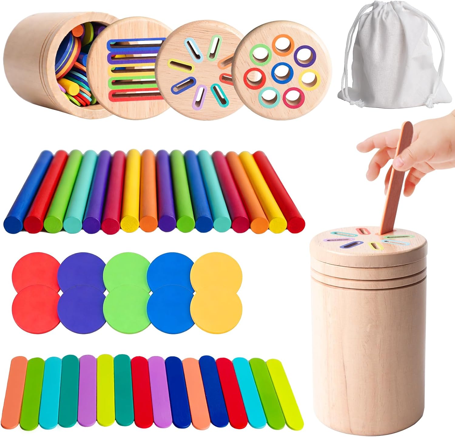Wooden Montessori Baby Toddler Toys, 3 in 1 Educational Sensory Color Sorting Toys for Toddlers 1-3, Educational Color Sorting Fidget Sensory Toys