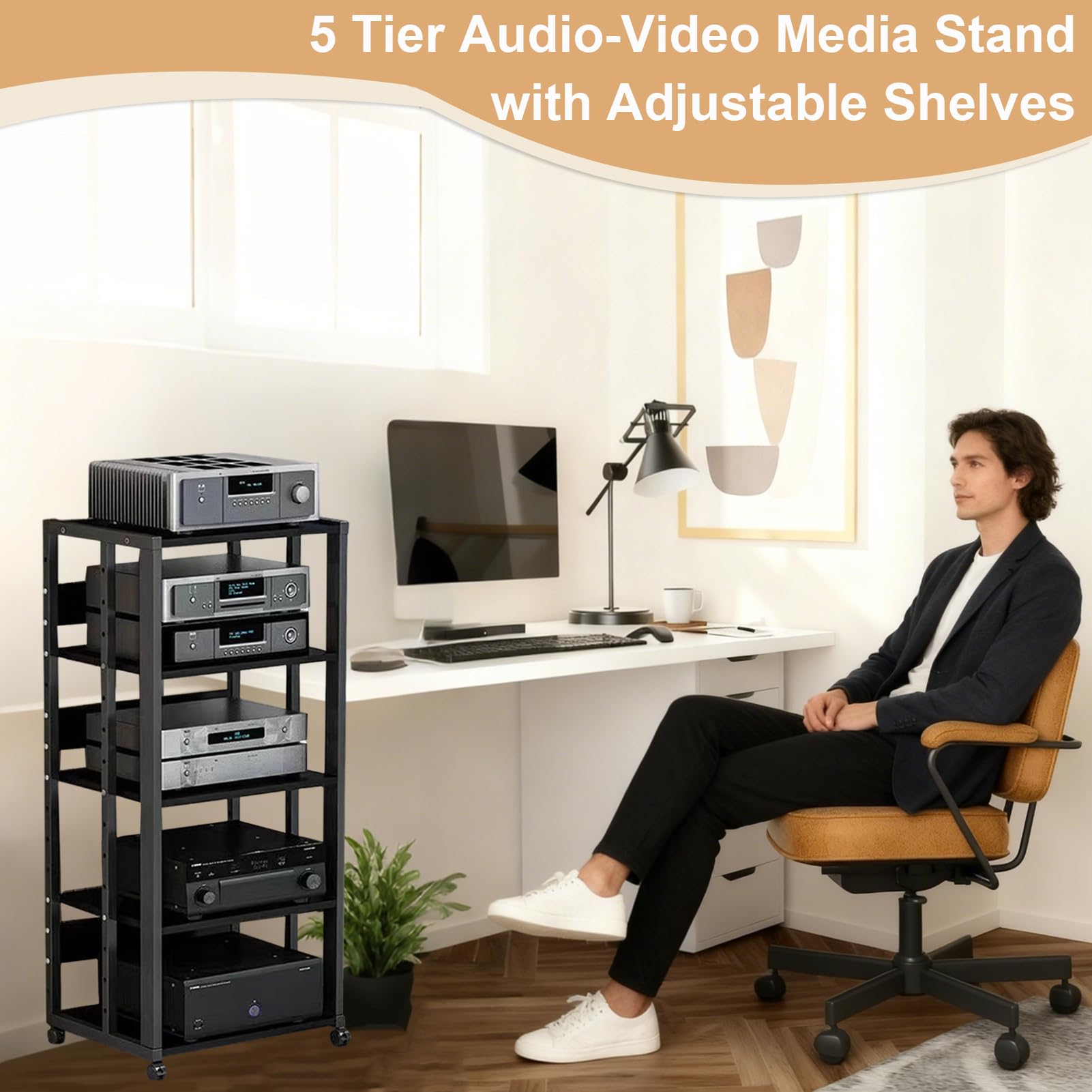 5 Ripiani Mobile Stereo Hi Fi Rack, Multimediale Audio-Video con Ruote Universali, Giradischi per Amplificatore Turno Sky box