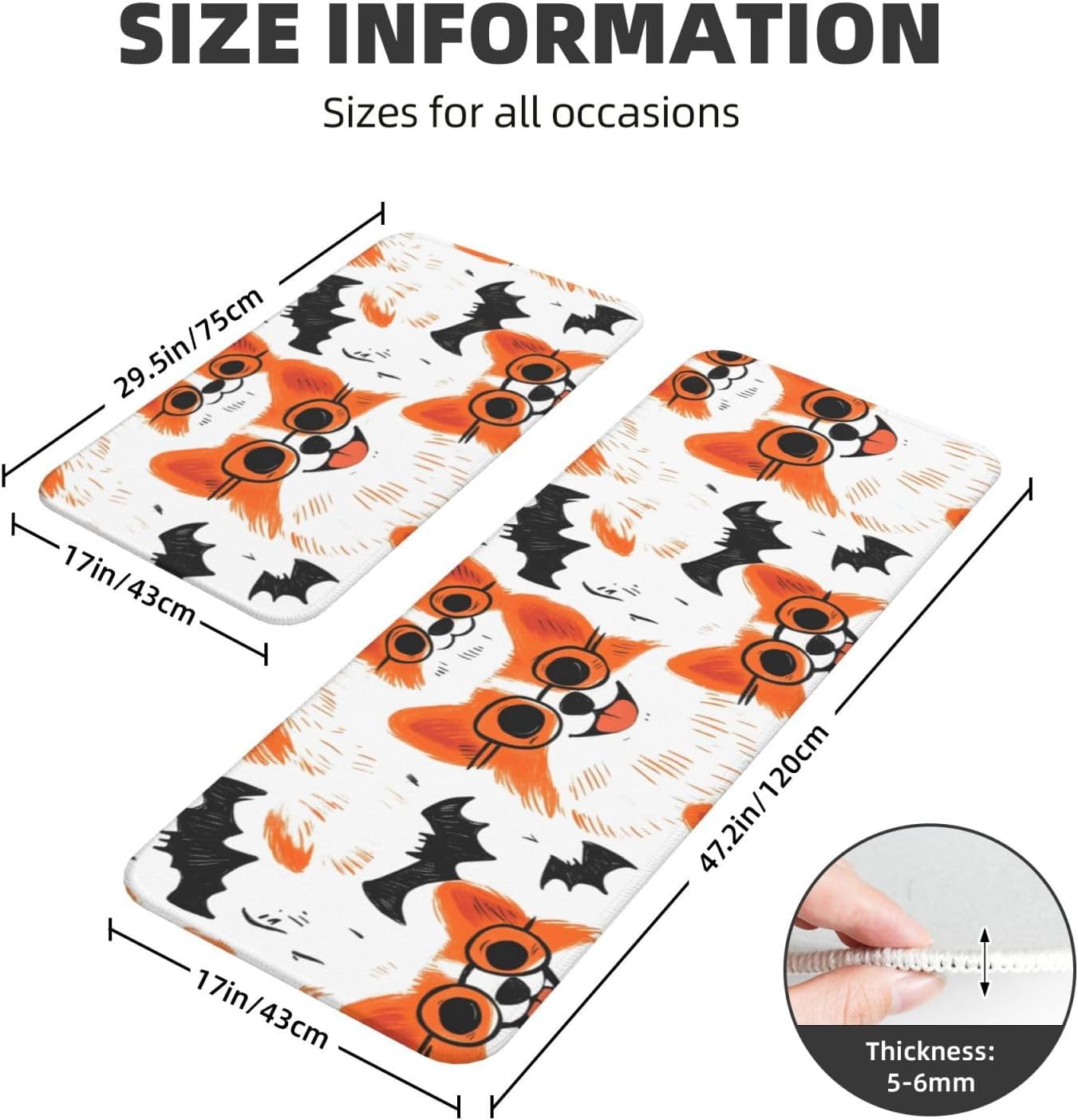 Cute Dog Bat Print Kitchen Rugs Sets of 2 Non Slip Washable, Anti Fatigue Kitchen Mats for Floor, Home Decor
