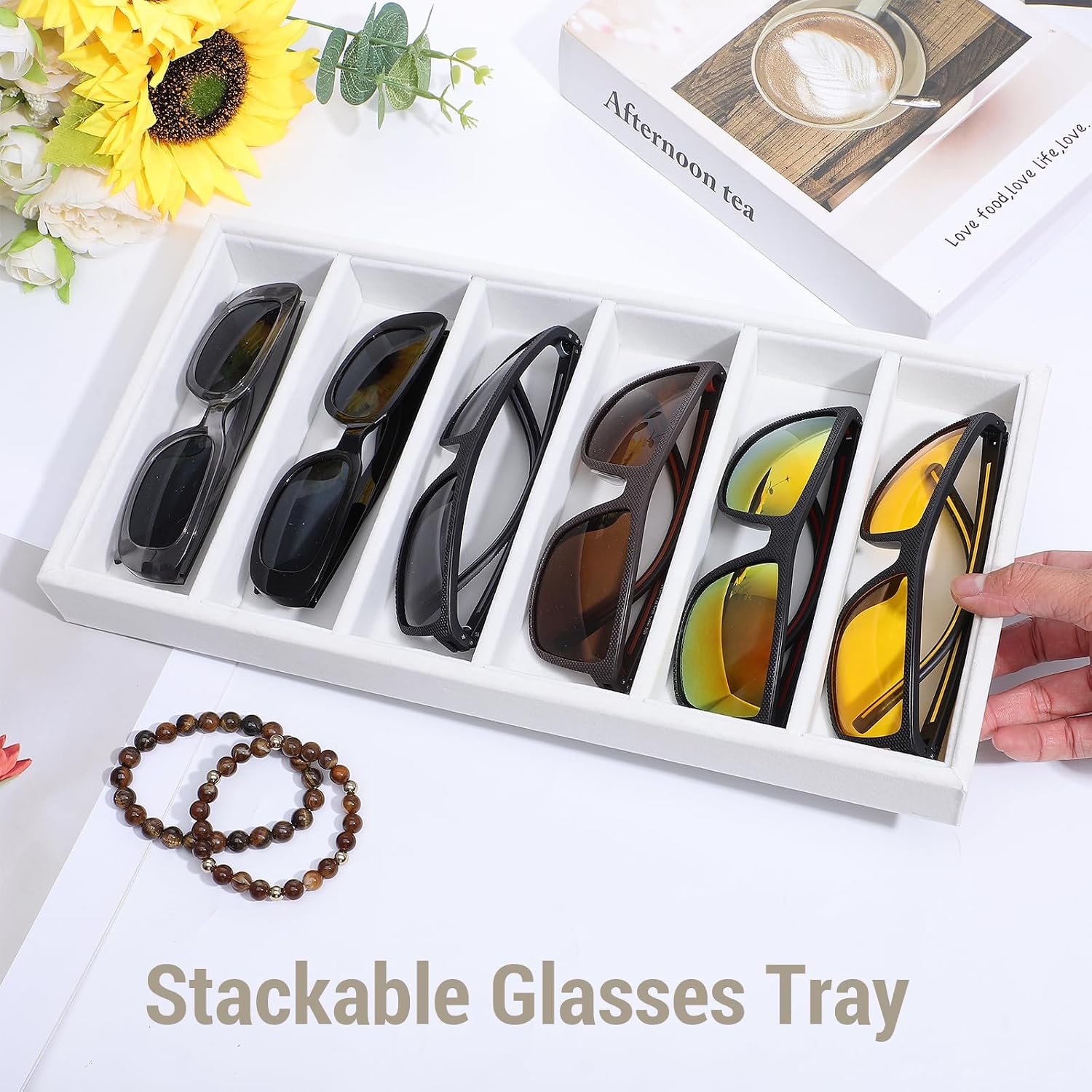 4 Pack Velvet Sunglasses Organizer Tray, 6 Grid Eyeglass Storage Display Case, Stackable MDF Drawer Organizer for Glasses, Jewelry, Watch, Cosmetics (Beige)