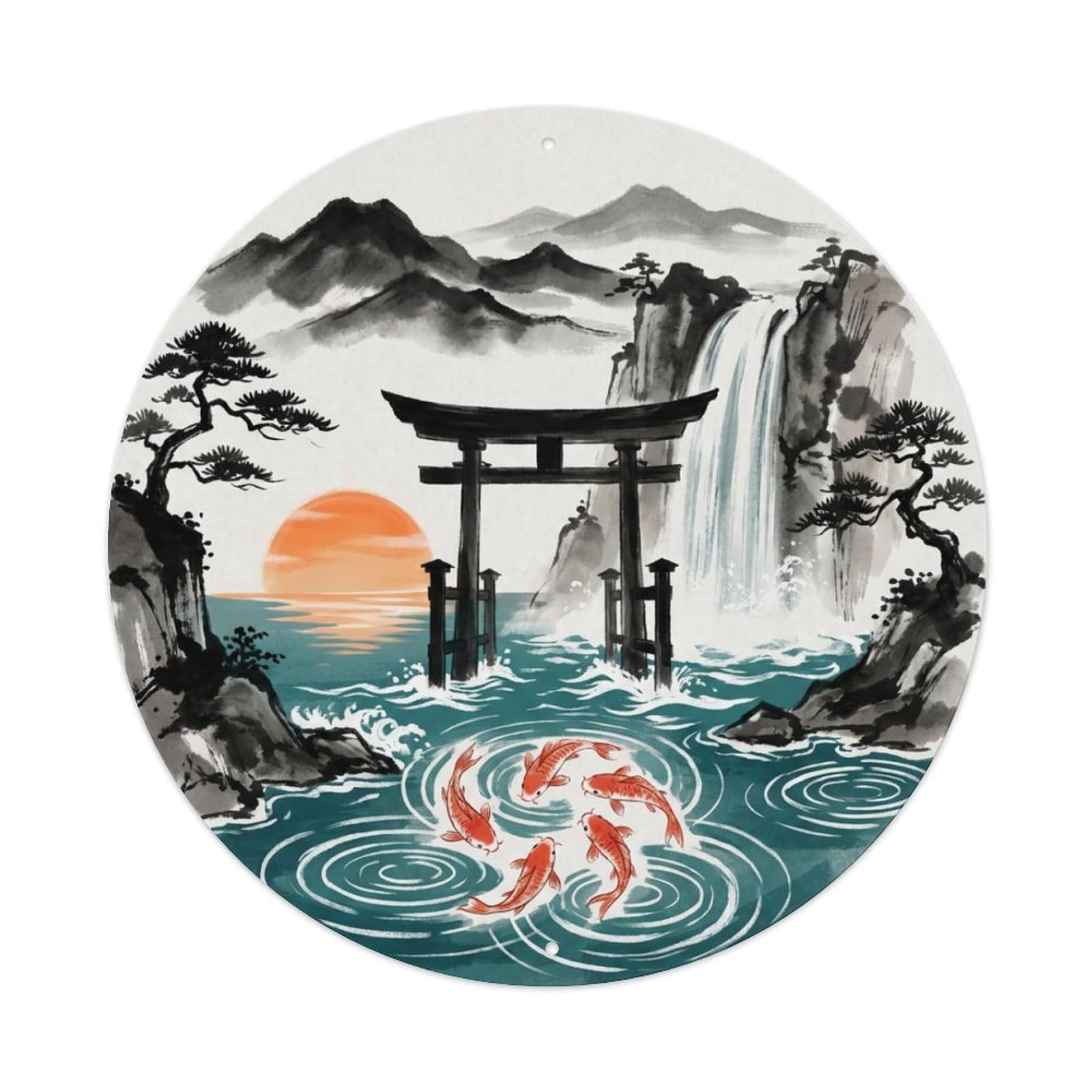 Galvaxio Style Japanese Temple Gate Waterfall Koi Fish Sunrise Metal Tin Sign