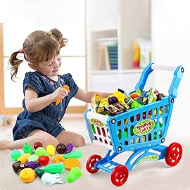 deAO Kids Shopping Cart Trolley for Groceries Toddlers 65 Food Fruit Vegetables Pretend Play Food Role Play Educational Toy Play Kitchen Toys Store Playset (Blue)