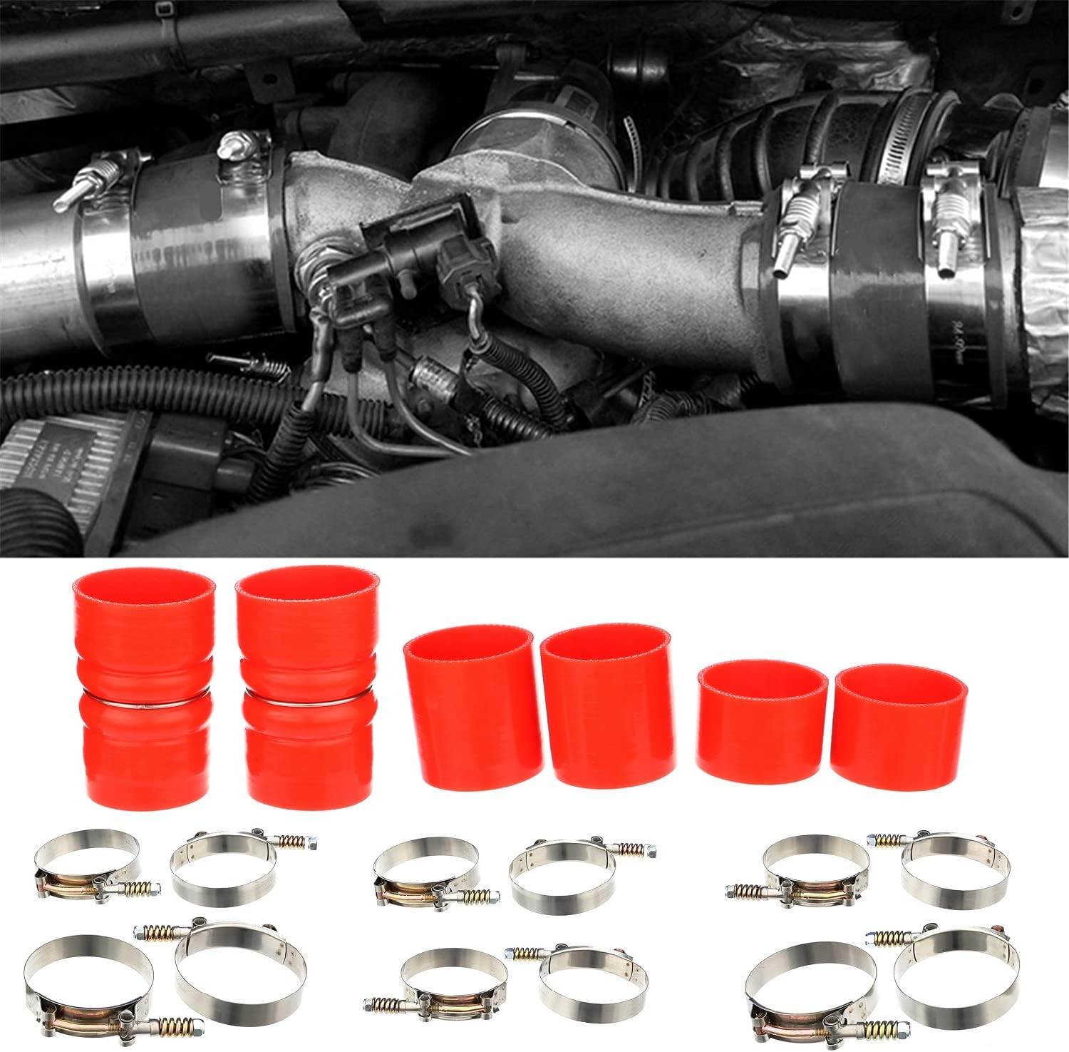 Heavy Duty High Temp Reinforced Silicone Intercooler Boots Kit with Hose Clamps Compatible with 1999.5 2000 2001 2002 2003 Super duty 7.3L Ford Powerstroke F-250 F-350 Turbo Diesel (red)
