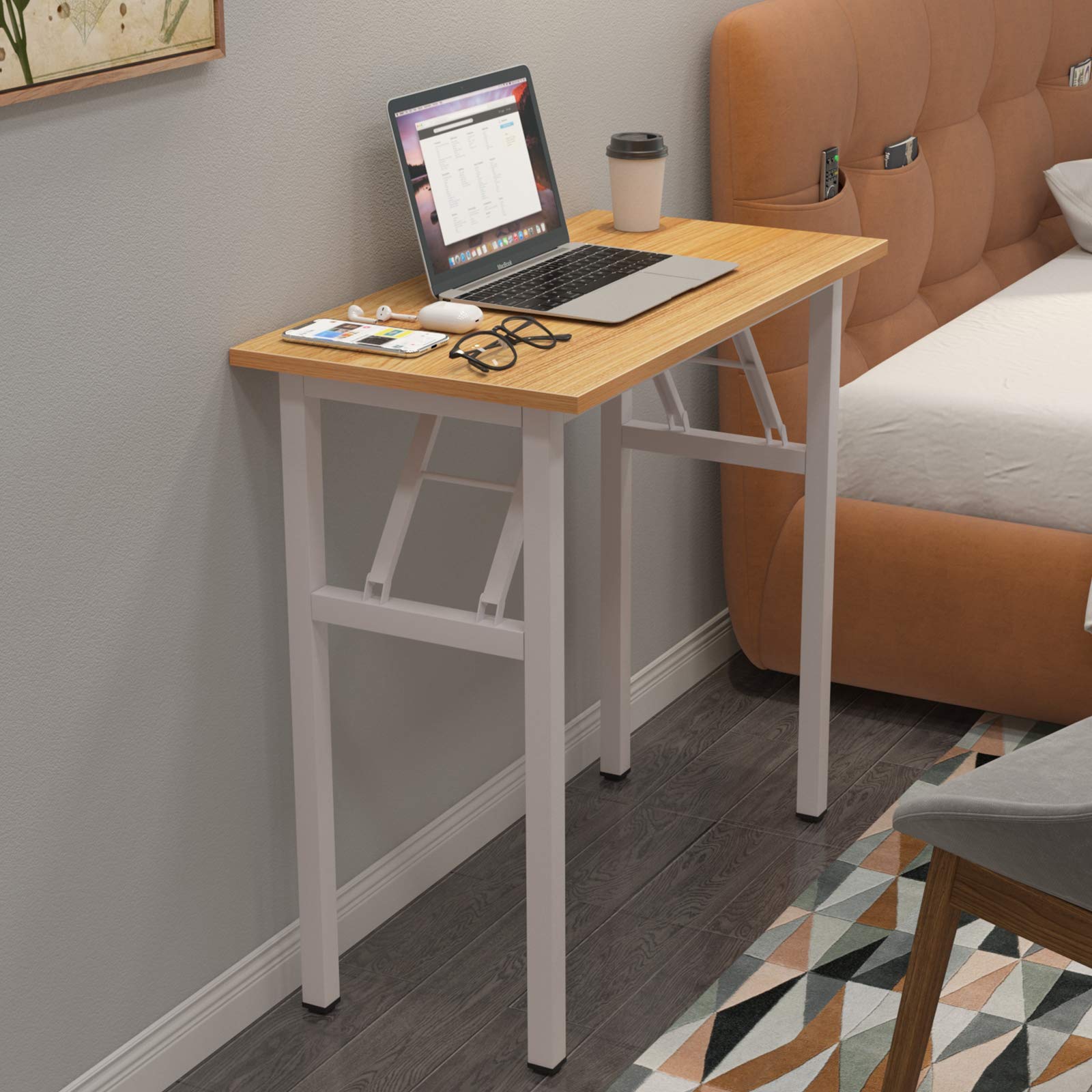 DlandHome - Tavolo pieghevole piccolo, 80 x 40 cm, senza necessità di installazione, in legno composito, scrivania per computer e postazione di lavoro, color teak e gambe bianche