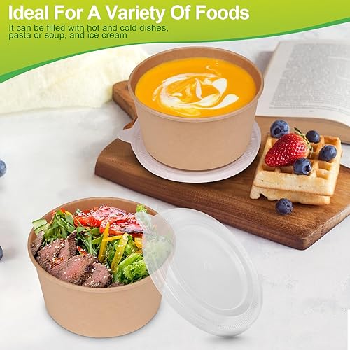 Miniatura 3 de Greensight Cuencos de papel grandes de 32 onzas con tapas, paquete de 50 unidades, desechables, biodegradables para ensaladas, sopas, alimentos