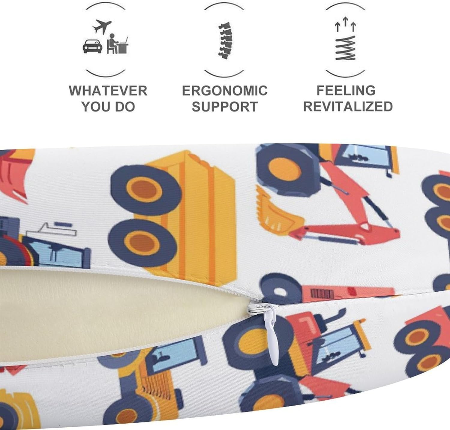 Construction Vehicles Pattern Travel Pillow U Shape Neck Pillow Washable Pillowcase for Sleeping Chair