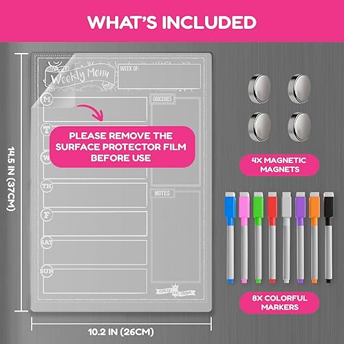 Miniatura 5 de CHALKY CROWN Planificador Semanal Magnético de Acrílico para Refrigerador - Tablero de Menú para Cocina con 8 Marcadores Magnéticos - Planificador