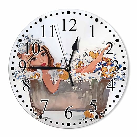Clock Girl in The Bathtub Wall Clock 10 Inch Silent Non Ticking Clocks Battery Operated for Home