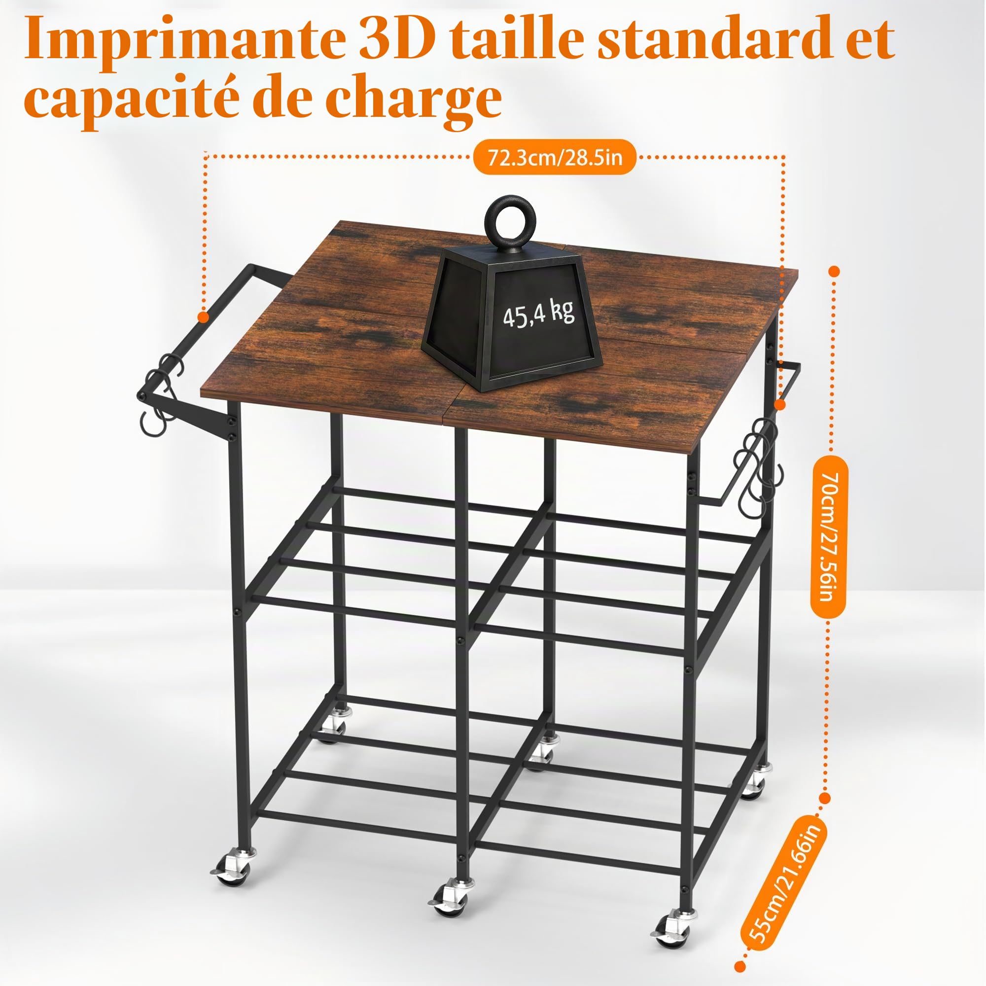 Support d'imprimante 3D avec support de rangement à filaments, chariot d'imprimante 3D à roulettes, grande capacité pour filament 3D PLA/ABS/TPU, étagère de rangement à filament pour atelier, studio