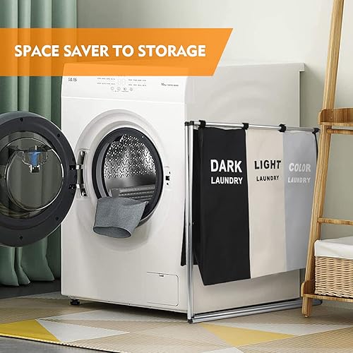 Miniatura 9 de Cesta clasificadora de tela de lavandería de 135 litros, plegable, 3 secciones con marco de aluminio de 26 x 24 pulgadas de alto, bolsa de ropa