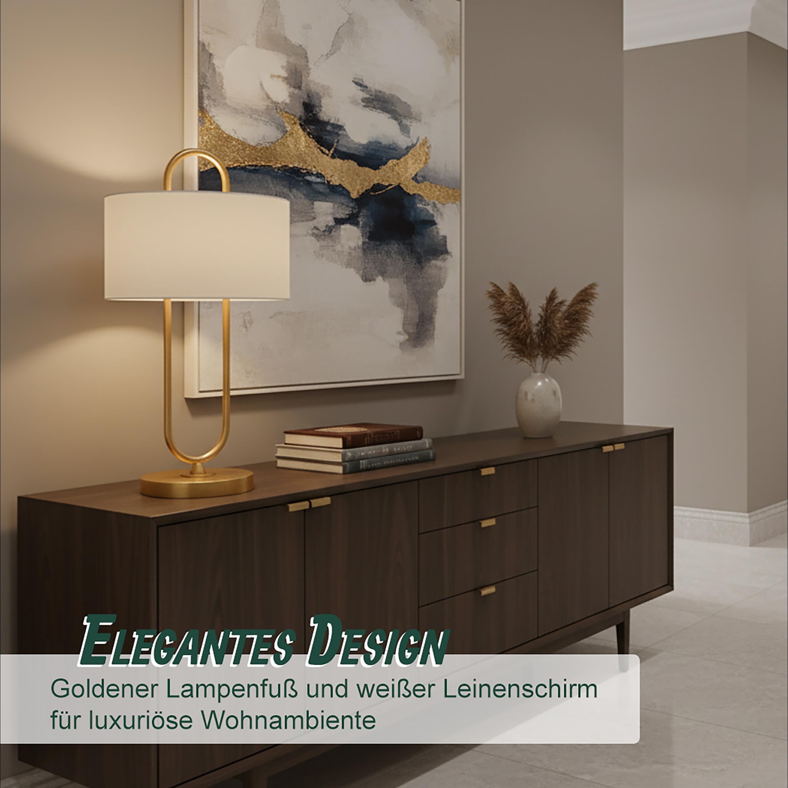 Relaxdays Tischlampe, offene U-Form, Leinenschirm, E27, HD: 55x30,5 cm, Nachttischlampe mit Kabel, Schlafzimmer, Farbe