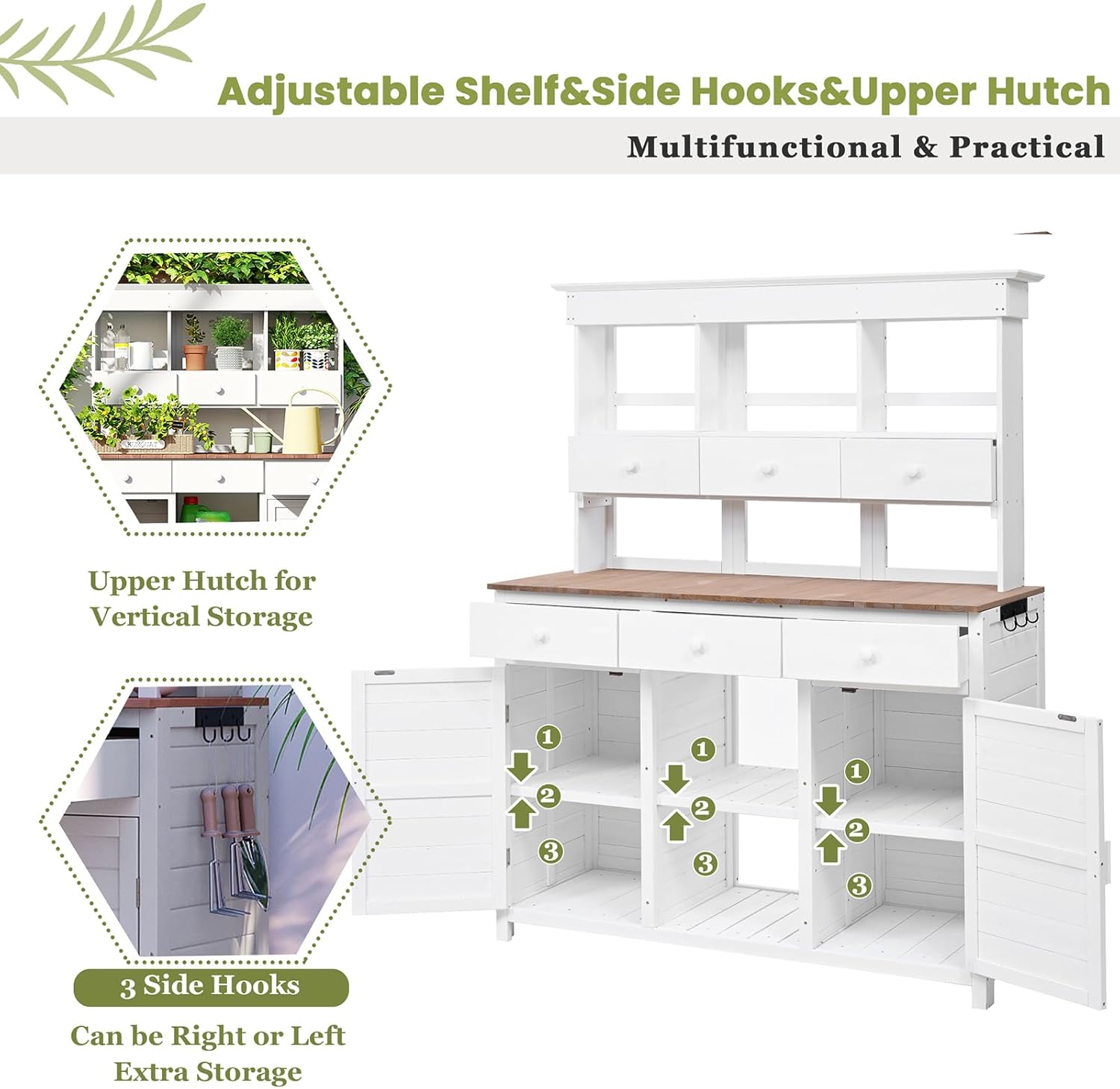 65.7" Tall Garden Potting Bench Table with Hutch, Patio Storage Workstation with 3 Shelves, 6 Drawers, 2 Cabinets & Side Hooks for Mudroom & Doorway,White