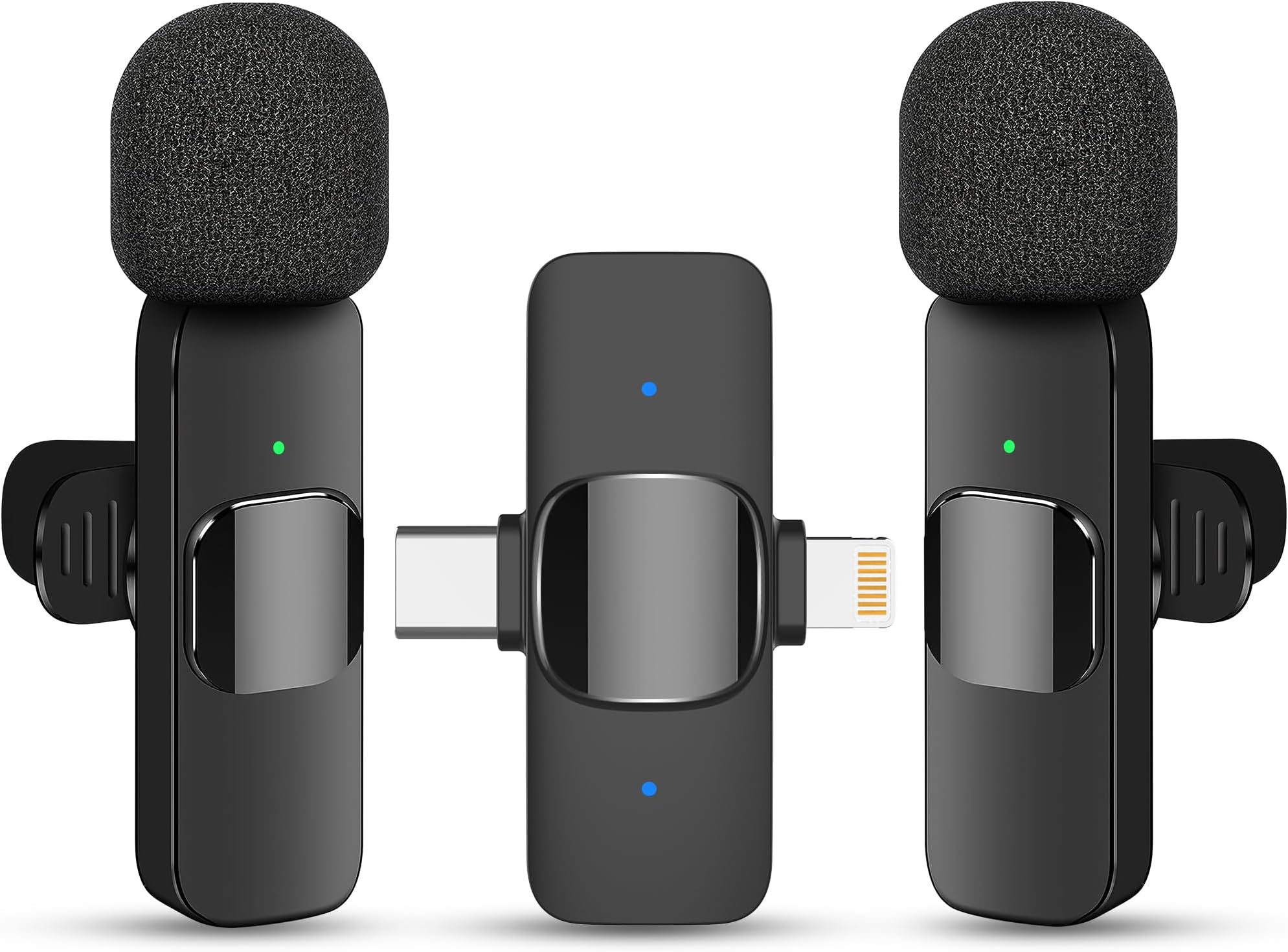 2 in 1 Wireless Lavalier Microphone for iPhone iPad and Android Phone, Plug and Play Laple Mics with Noise Reduction, 65FT Range, Real-Time Sync Microphone for Video Recording, Streaming, Interviews