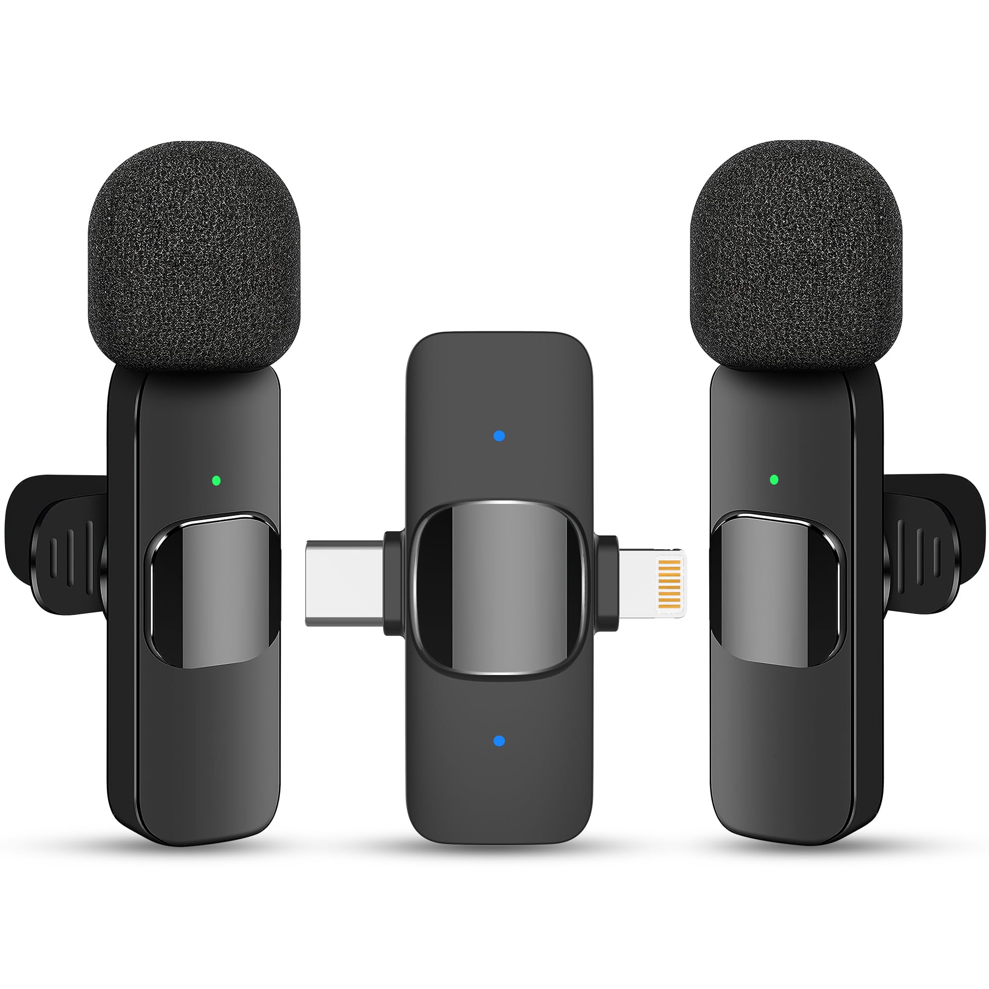 2 in 1 Wireless Lavalier Microphone for iPhone iPad and Android Phone, Plug and Play Laple Mics with Noise Reduction, 65FT Range, Real-Time Sync Microphone for Video Recording, Streaming, Interviews