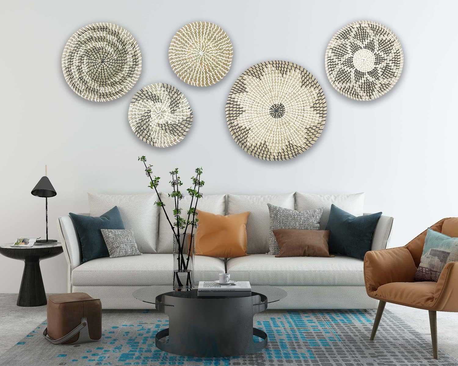 JEKEJIAJIU Set of 5 Rattan Hanging Wall Baskets - Seagrass Boho Wall Art for Living Room or Bedroom