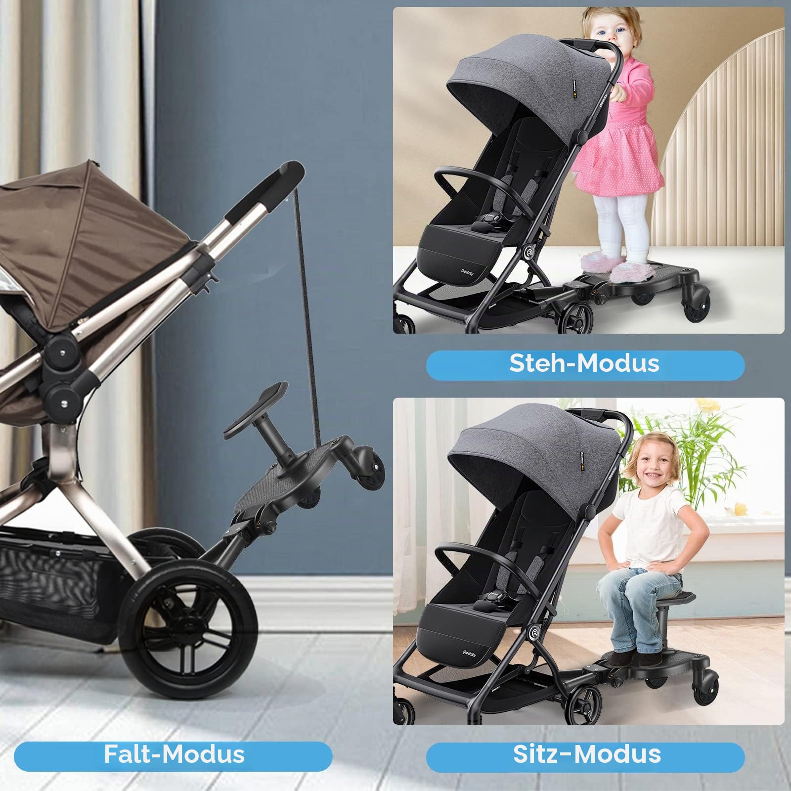 Buggy Board mit Sitz, FNRIDS Trittbrett für Kinderwagen Universal, mit Aufhängegurt, Stabiles Two Wheel Design, 360 Drehbar, Kinderwagenzubehör für Kinder von 2 bis 6 Jahren (Bearing 25 kg)