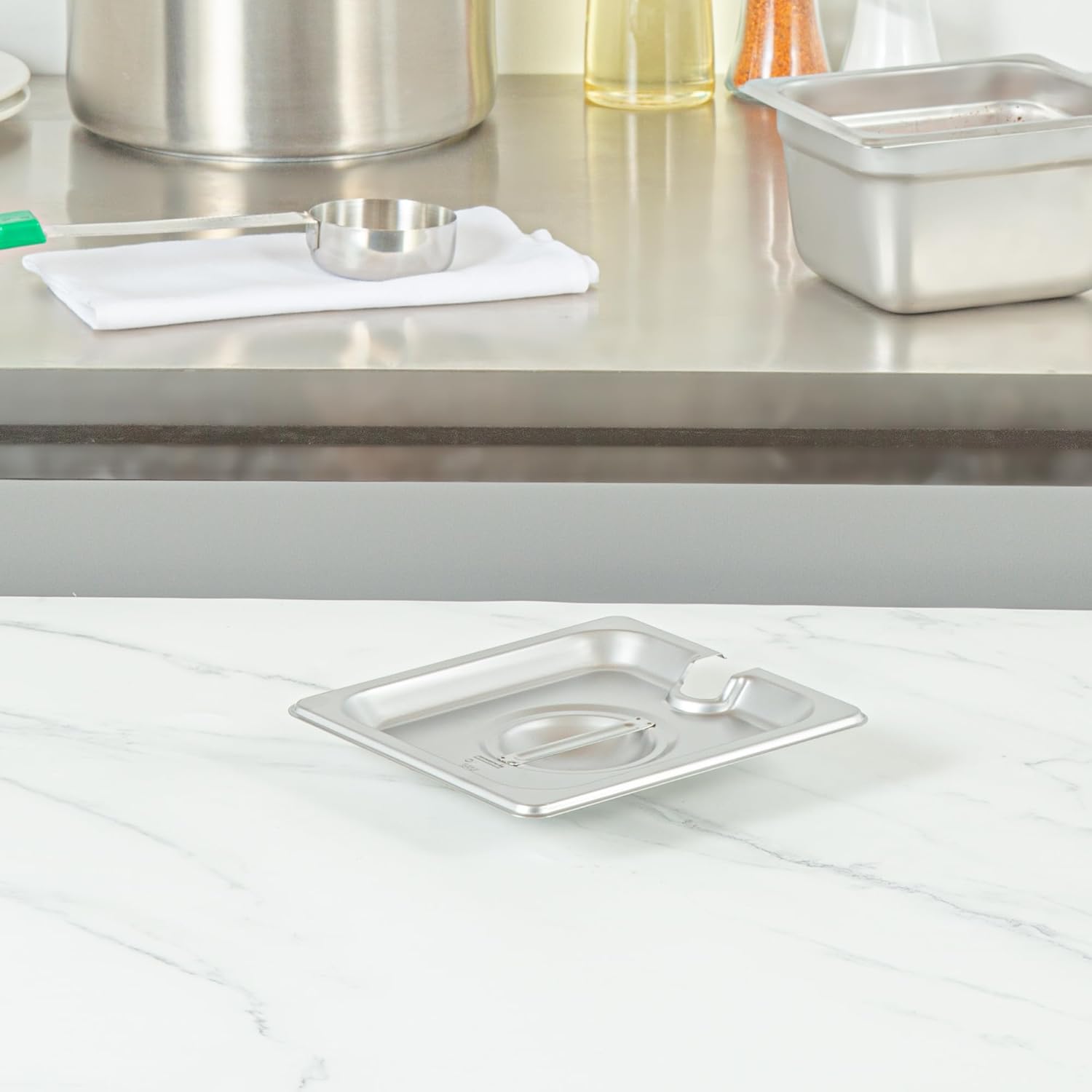 Restaurantware-LIDS ONLY: Kitchen Tek 6.9 x 6.4 Inch Steam Table Pan Covers, 12 NSF Hotel Pan Covers - 1/6 Size Pans Sold Separately, with Handle, Stainless Steel Slotted Food Pan Lids, Durable