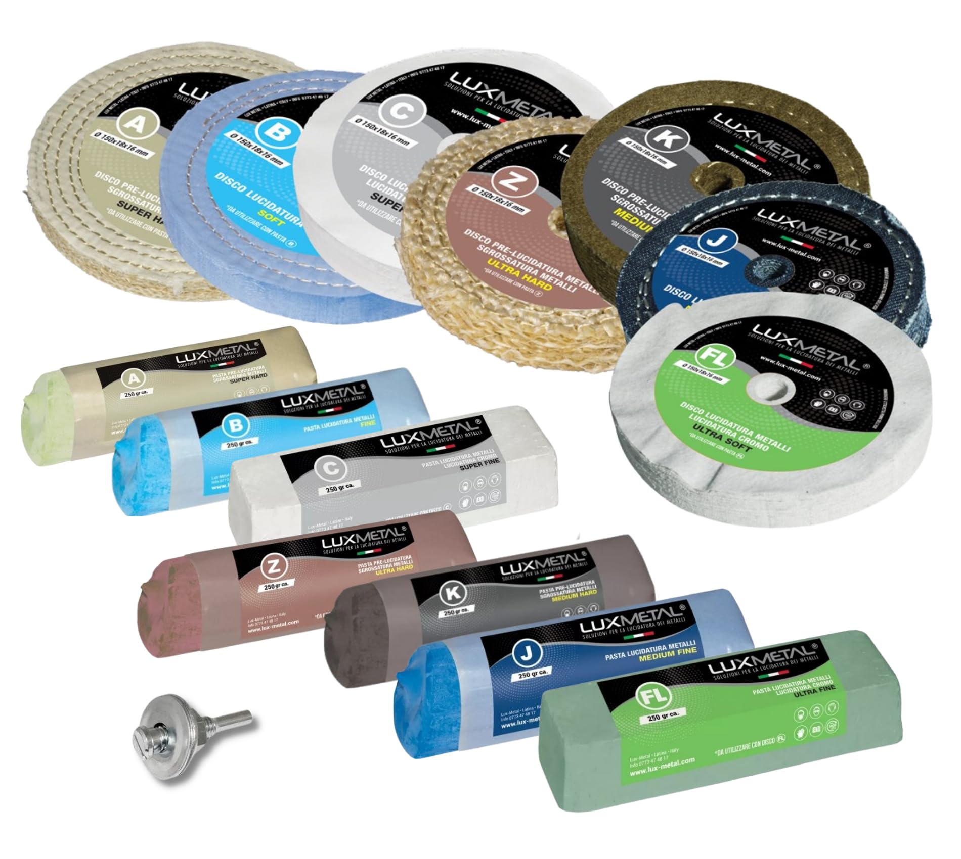 Lux Metal - Kit 7 Disco Lucidante 150 mm e 7 Pasta Abrasiva Lucidante 250 gr - Per Alluminio, Ferro, Acciaio Inox, Bronzo, Marmo - Ruota Lucidatura Metalli Trapano Mola Smerigliatrice Feltro Cotone