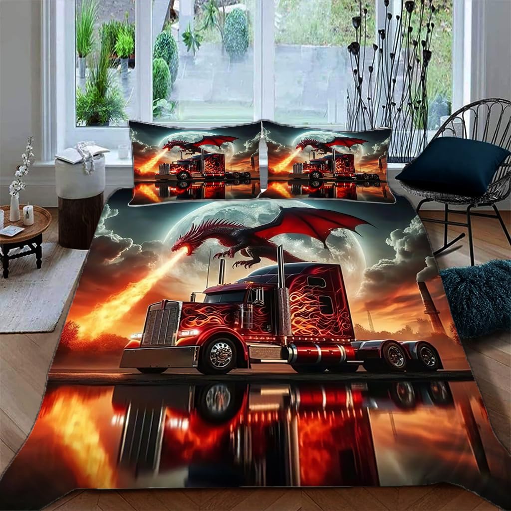 Housse de couette 220x240cm camion avec 2 taies d'oreiller en microfibre