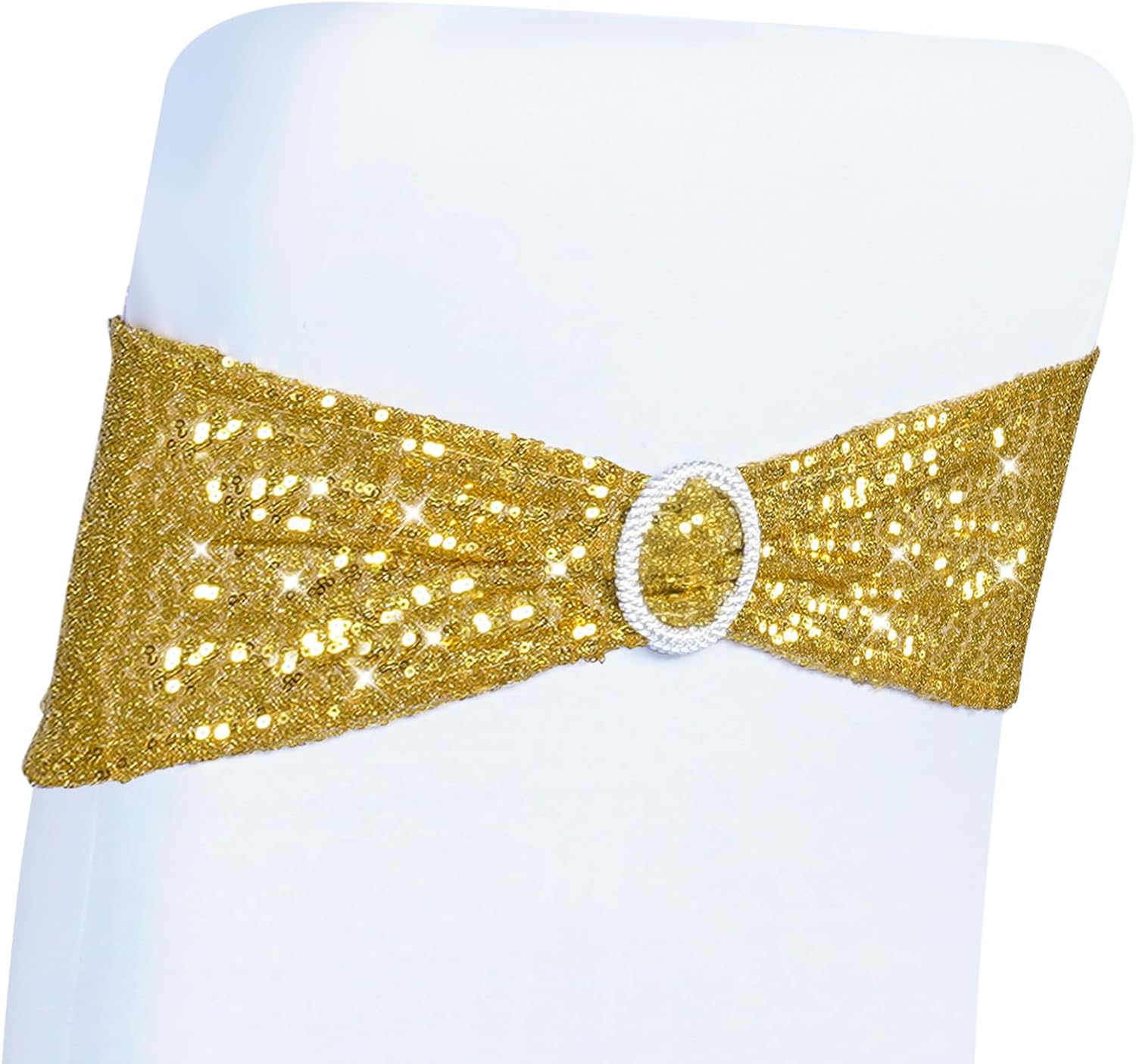 Poise3EHome Pack of 50 Gold Sequin Chair Sashes, Double Sided Glitter Stretchy Chair Bands with Buckle for Bridal Shower Party Wedding Banquet Reception Decorations