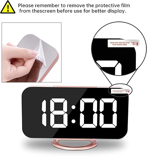 Miniatura 8 de Reloj despertador digital, pantalla grande con espejo LED de 7 pulgadas, con puertos de cargador USB duales, atenuación automática, función de