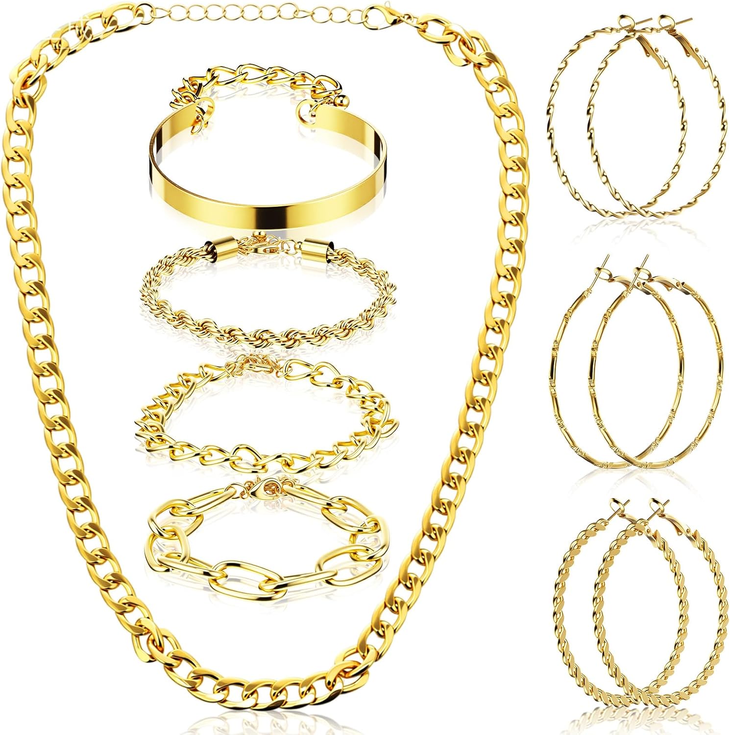 8 Pcs Y2k Chunky Gold Jewelry Set for Women 80s 90s Jewelry Set Cuban Link Necklaces Hip Hop Costume Accessories Layered Chunky Bracelets Hoop Earrings for Women Christmas Birthday Gift