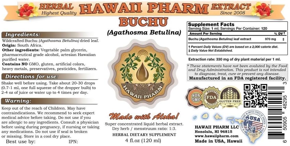 Hawaii Pharm Buchu Liquid Extract, Buchu Liquid (Agathosma Betulina) Tincture Supplement 4 oz