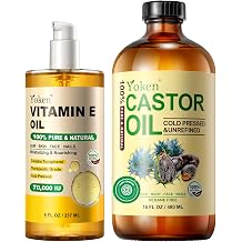 Yoken Organic Castor Oil in Glass Bottle 16 fl oz & Vitamin E Oil 8 fl oz Set | 60,000 IU Vitamin E oil for Scars Skin, Hexane Free Cold Pressed Castor Oil for Hair, Eyelashes, Face, Body Moisturizer
