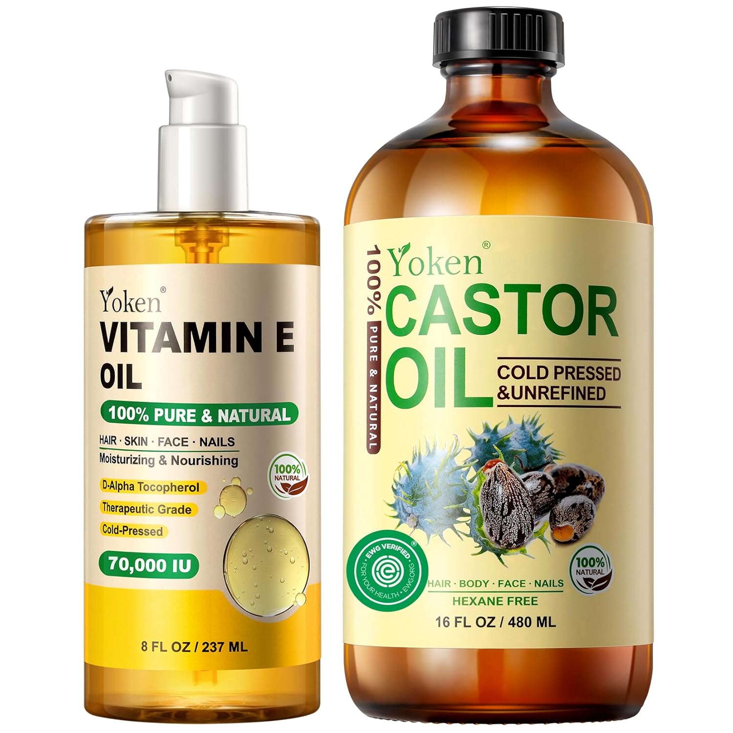 Yoken Organic Castor Oil in Glass Bottle 16 fl oz & Vitamin E Oil 8 fl oz Set | 60,000 IU Vitamin E oil for Scars Skin, Hexane Free Cold Pressed Castor Oil for Hair, Eyelashes, Face, Body Moisturizer