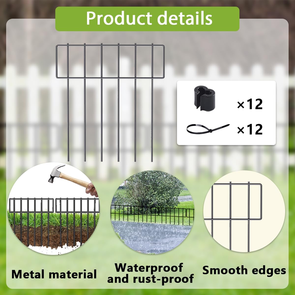 10 Pack Animal Barrier Fence, No Dig Fencing 10.8ft(L) × 12in(H) Rustproof Metal Small Garden Fence Border Metal Fence Panels Garden Fence Border for Dogs Rabbits, Outdoor Landscaped Yard