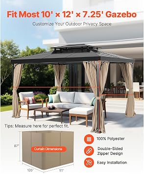 Happybuy Outdoor Gazebo Curtains, Fit Most 12' x 10' x 7.3' Gazebos, 4 - Panel Sidewall Privacy Curtains with Zippers. Universal Sunshade Replacement for Patio Canopy - Just Curtains, Khaki