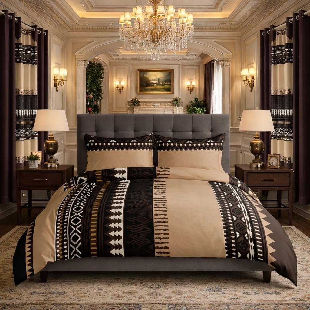 9pcs Bohemian Luxury Bedding Set - Soft Microfiber, Brown Beige Tribal Print, All-Season Lightweight & Breathable Queen/King/Kalking Size Bedspread with 2 Pillowcases & 6 Curtains, (Queen)