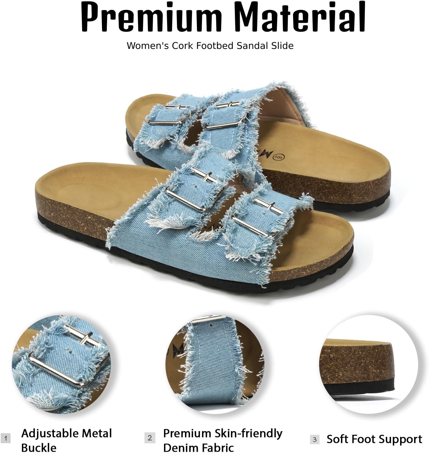 Women's Cork Sandals with Two Buckles Adjustable Straps, Arch Support Summer Fashion Denim Slippers, Comfortable Beach Flat Dressy Slip On - Image 3